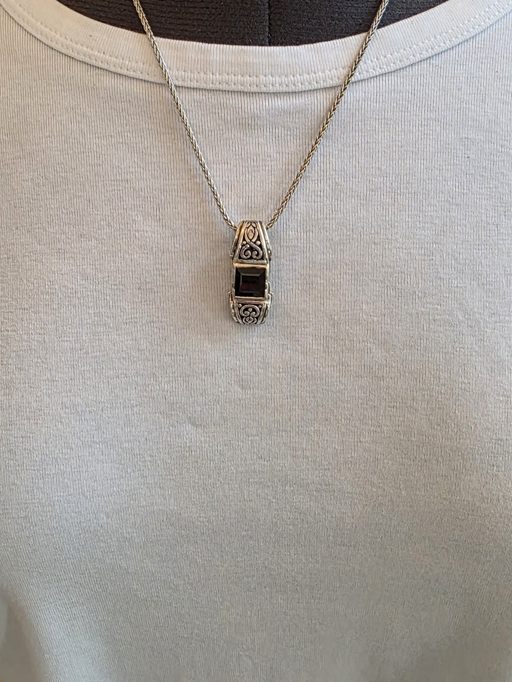 Sterling Silver Chain With Silver Tone Balinese Garnet Pendant Deep Red Gem